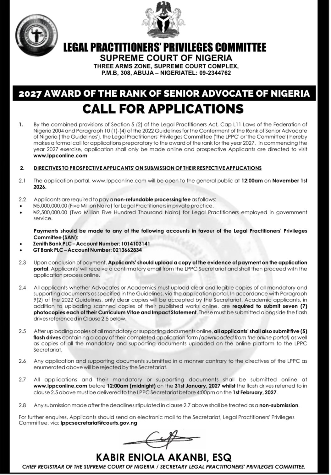 LPPC Opens Applications for 2027 Senior Advocate of Nigeria (SAN) Rank